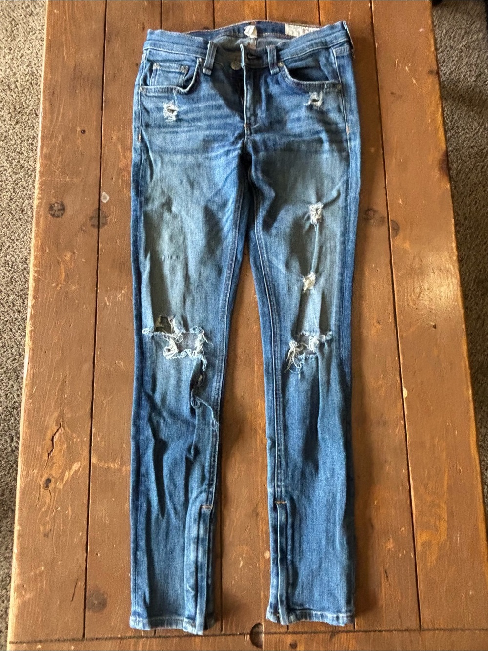 Rag & Bone "Dre" or "Zipper Capri" shredded skinny jeans featuring ankle zippers